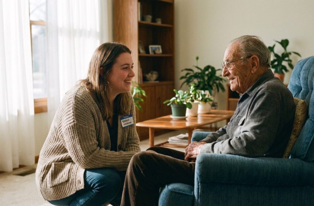 Caregiver kneeling and smiling at an elderly man seated in a blue chair in a cozy living room with plants and shelves in the background.