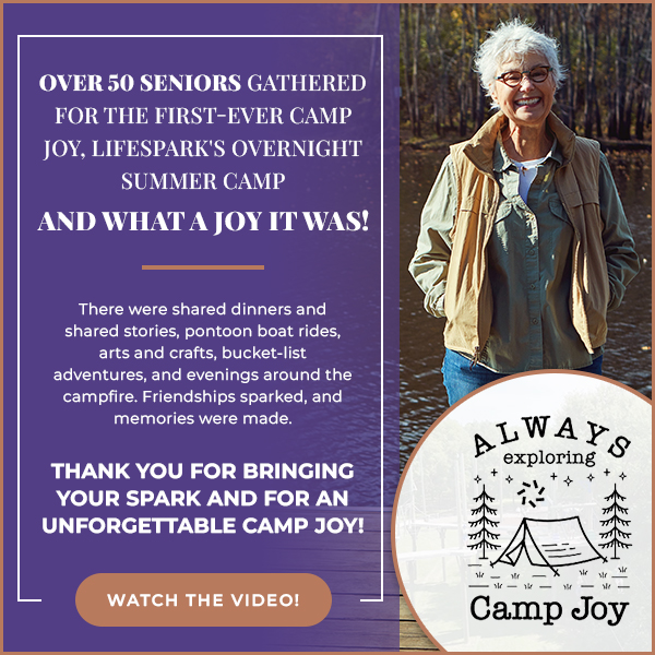 Promotional graphic for Camp Joy overnight summer camp for 50+ seniors; left text panel, right shows a smiling older woman by a lake with a Camp Joy badge nearby.