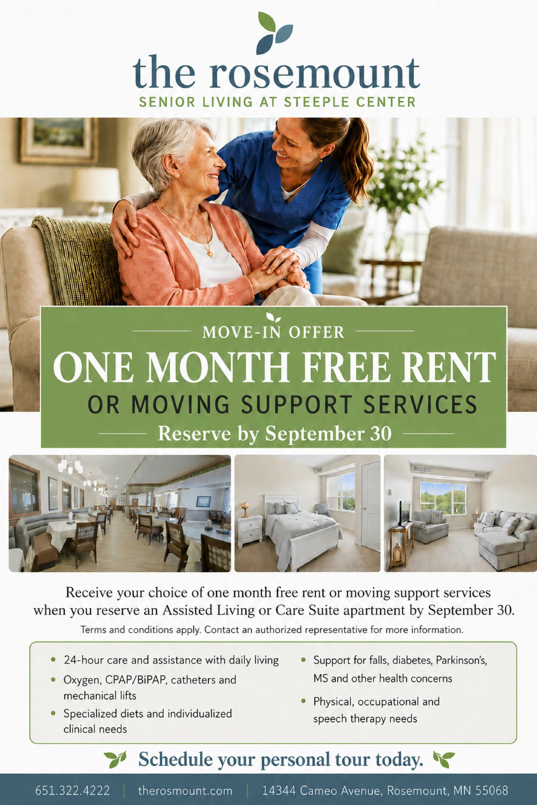 Promotional flyer for The Rosemount Senior Living with a move-in offer: one month free rent or moving support, featuring a smiling elderly woman with a caregiver in a living room.