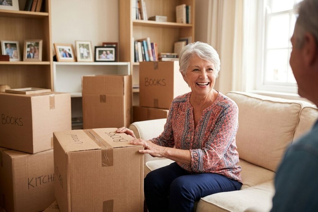 Two older adults smile as they sit and pack boxes in a bright room.
