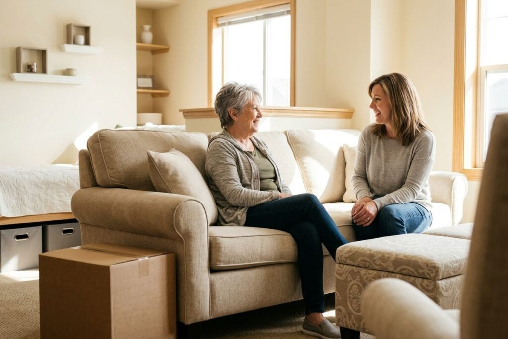 Two adults smile and talk while sitting on a beige sofa in a sunlit living room with moving boxes and storage bins nearby.